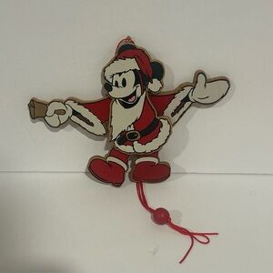 Vintage Walt Disney Santa Mickey Mouse Wooden Ornament w/ Pull String Mover!